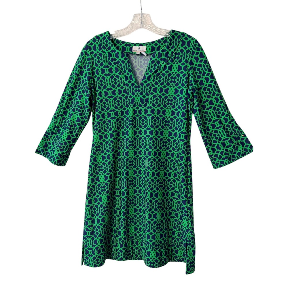JUDE CONNALLY Green Geometric Preppy Medallion Lattice Tunic Dress SMALL